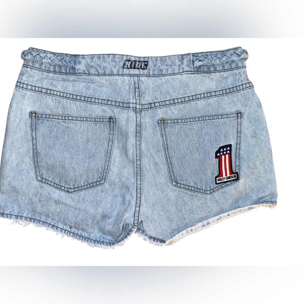 Harley-Davidson Light Blue Denim Jean Shorts with American Flag Patch